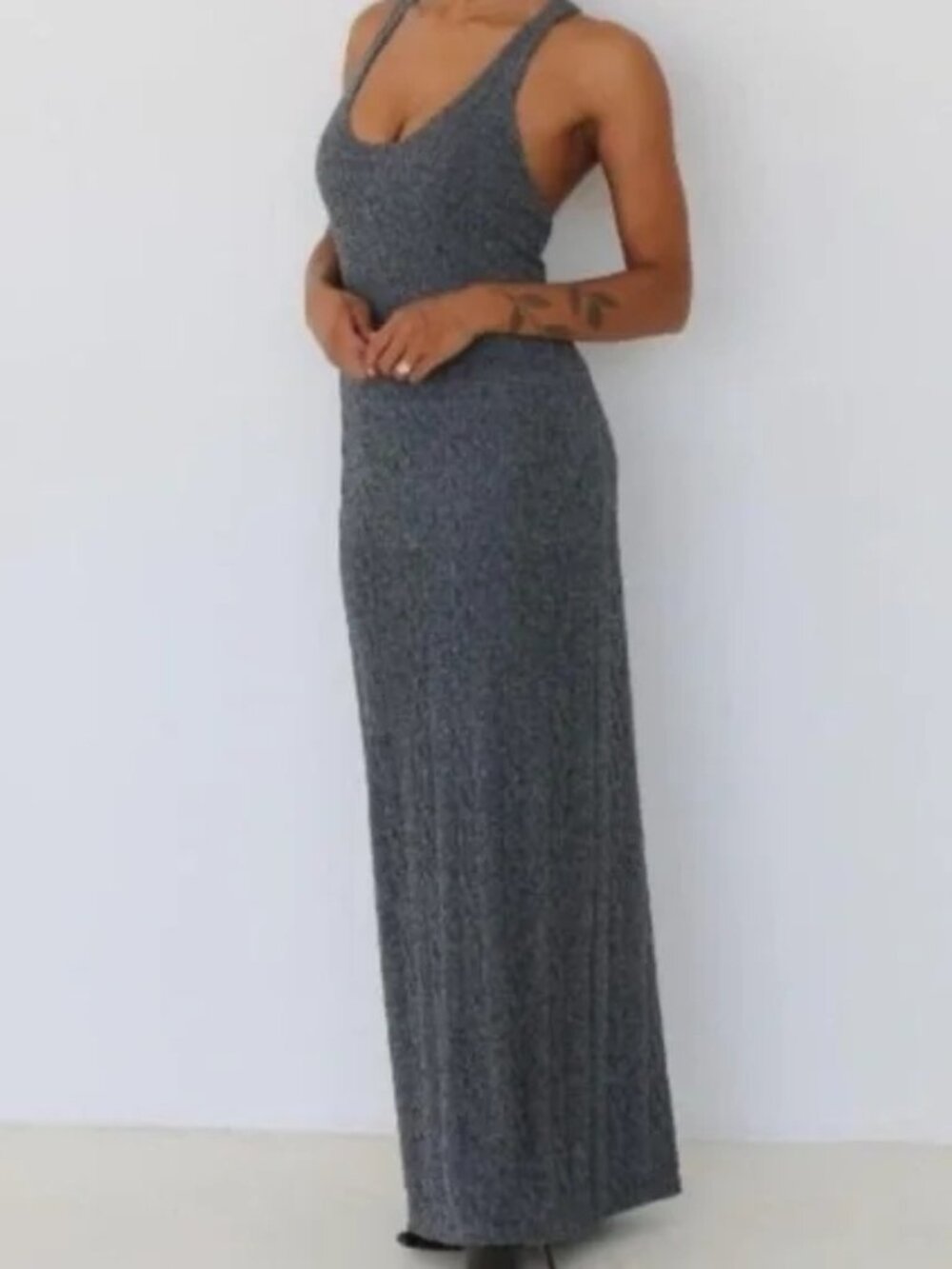 Rumored Lakeville Maxi Dress Size Lg Smoke Heather Gray Knit Racerback NWT
